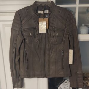 New Boston Proper Taupy Gray Leather Moto Jacket Size S